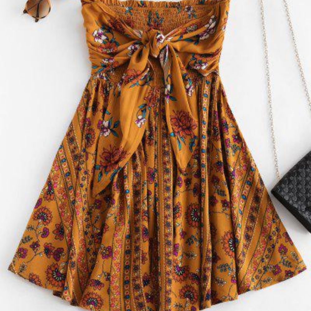 Floral tie front smock tube dress